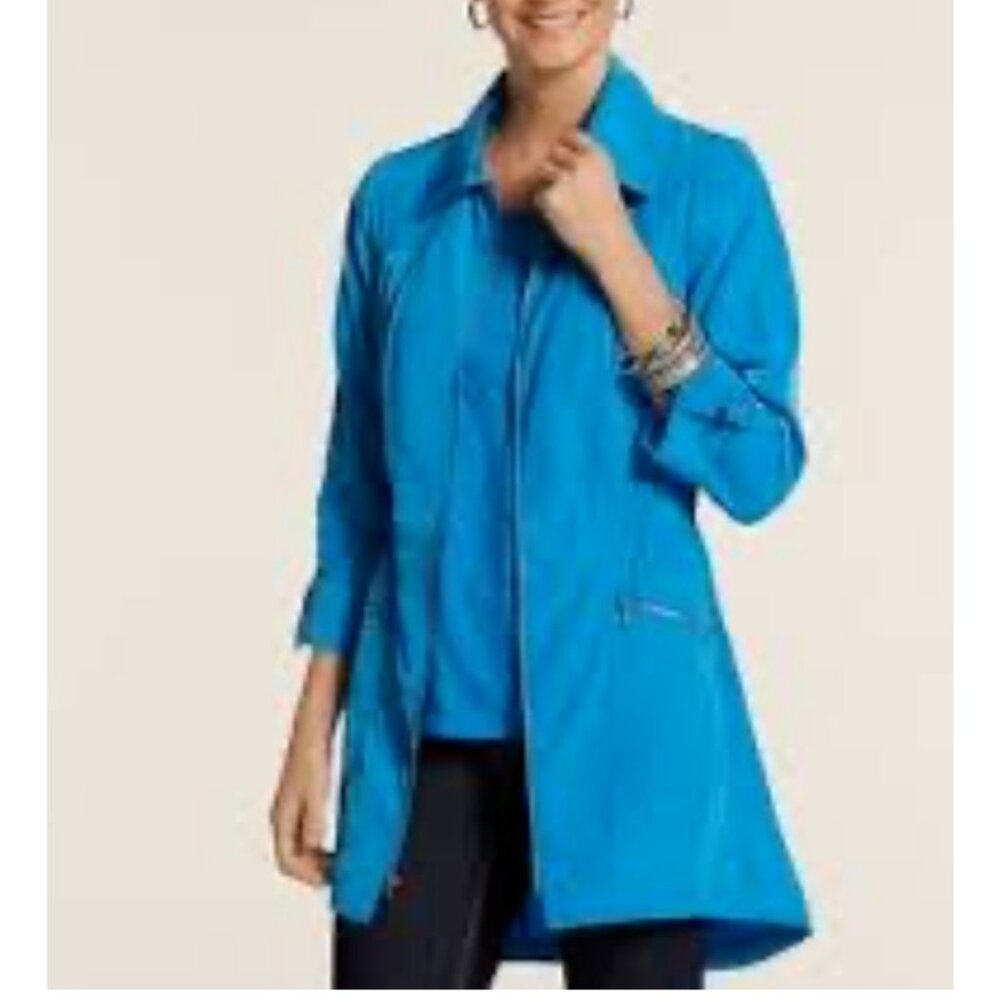 Chicos Zenergy Paige Jacket 1 8 10 Turquoise Blue Adjustable Washable Light